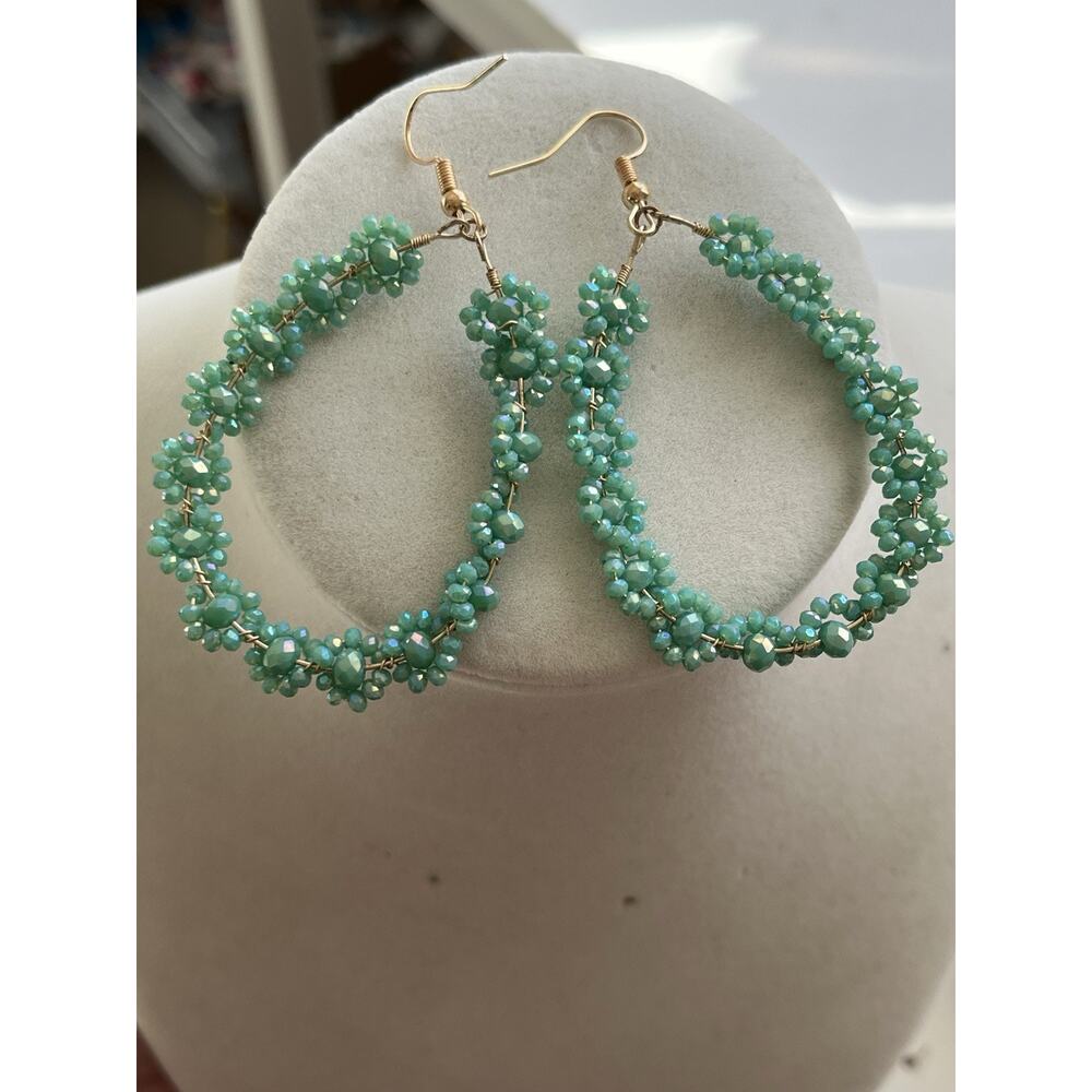 Teal Flower Drop Dangle Hoop Earrings Iridescent Jewelry Gold Tone